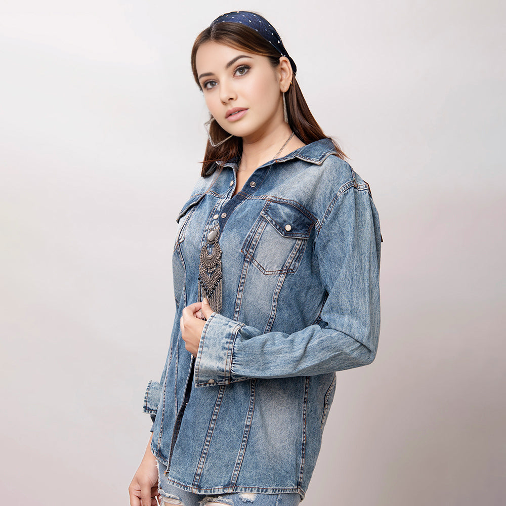 American Darling Leather Hand Tooled Carved Women Denim Shirt Jacket