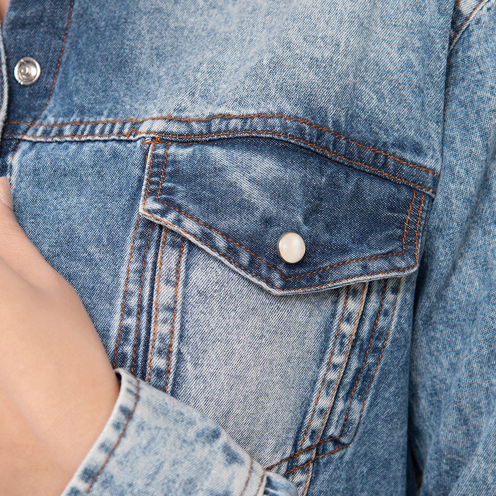 American Darling Leather Hand Tooled Carved Women Denim Shirt Jacket