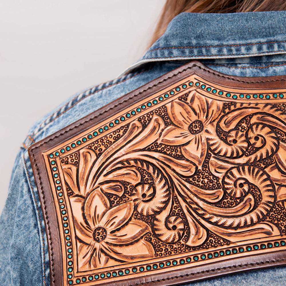 American Darling Leather Hand Tooled Carved Women Denim Shirt Jacket