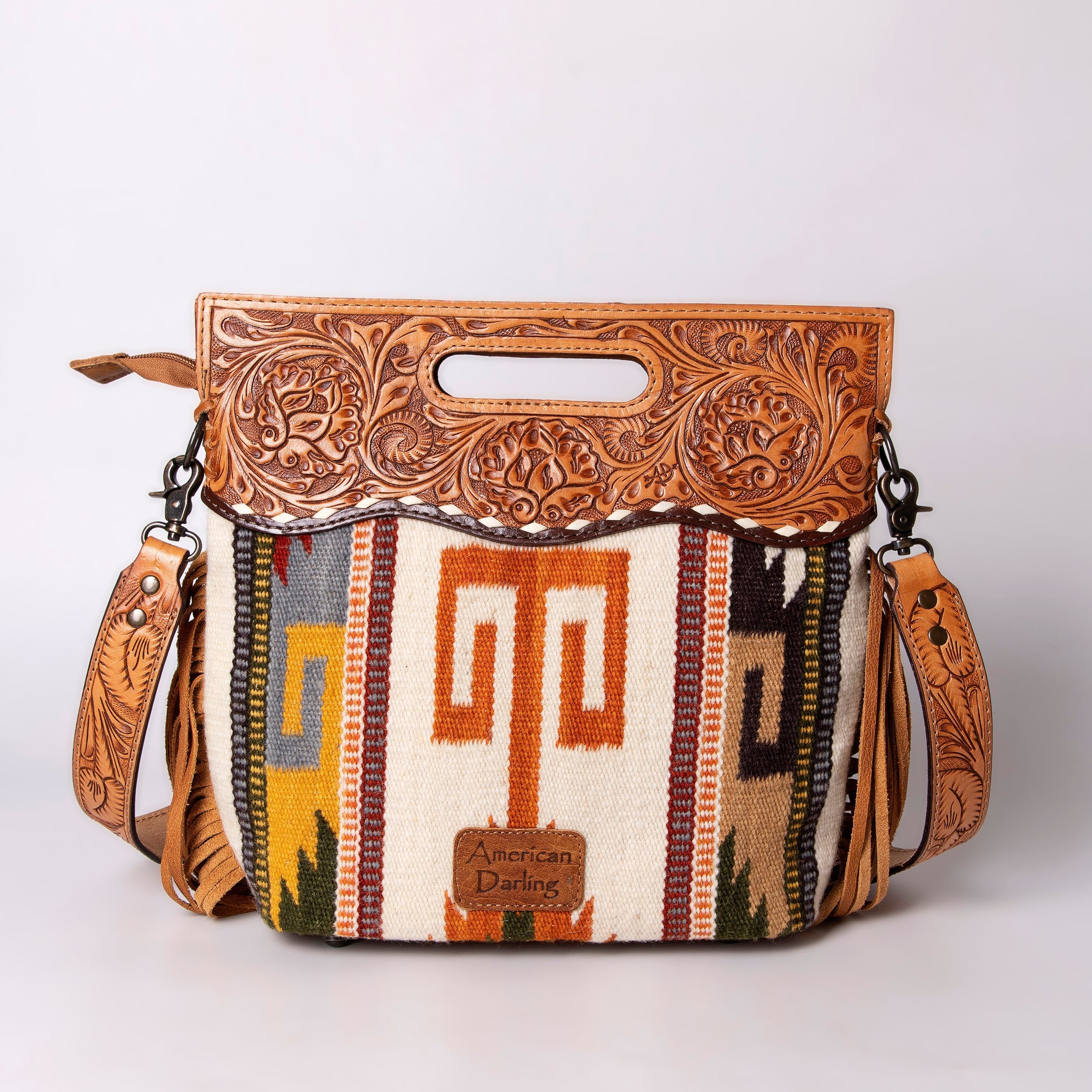 American Darling Clutch Hand Tooled Saddle Blanket Fabric Genuine Leather Western Women Bag Handbag Purse | Purses for Cute