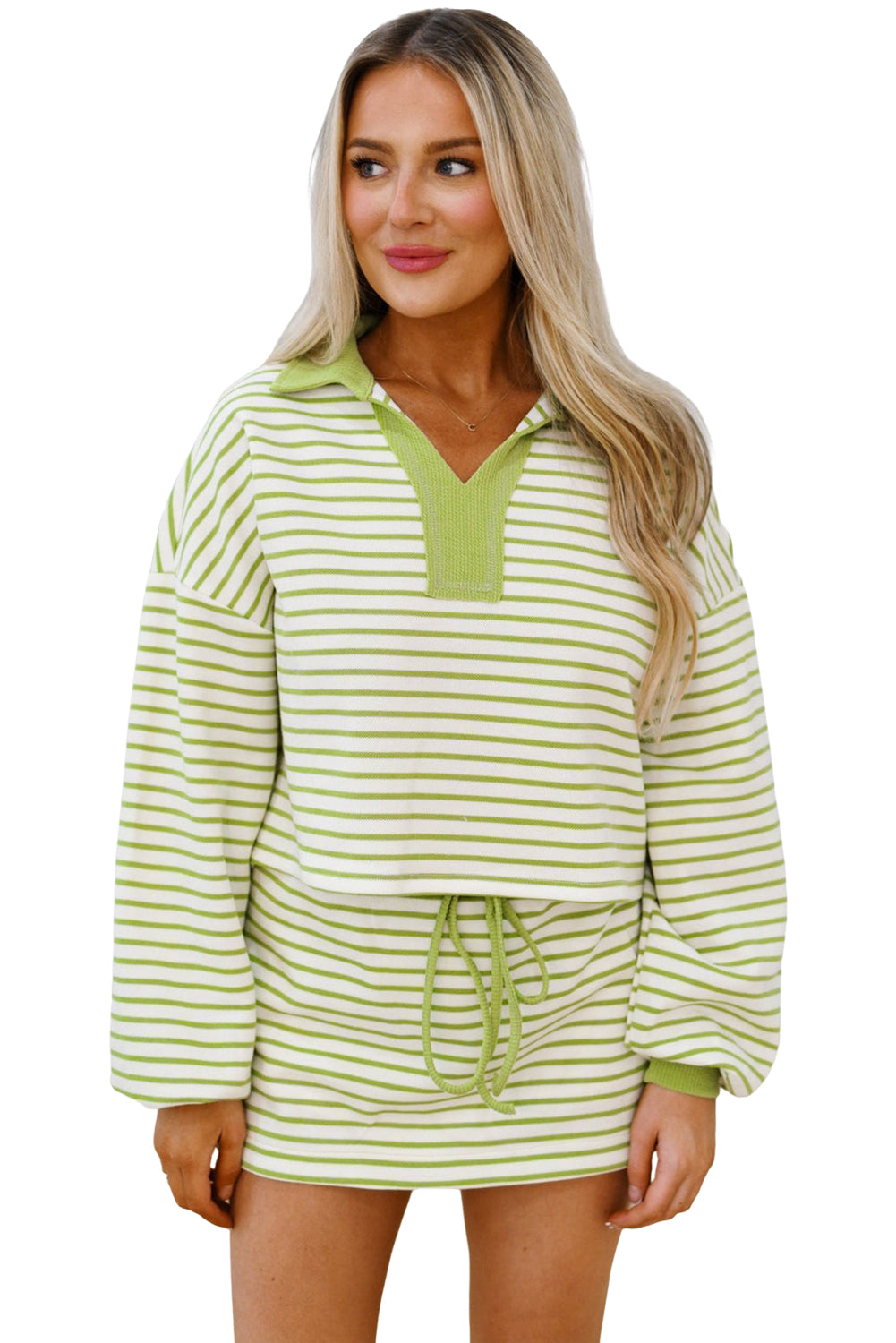 Green Striped Collared V Neck Drop Shoulder Pullover and Skirt Set