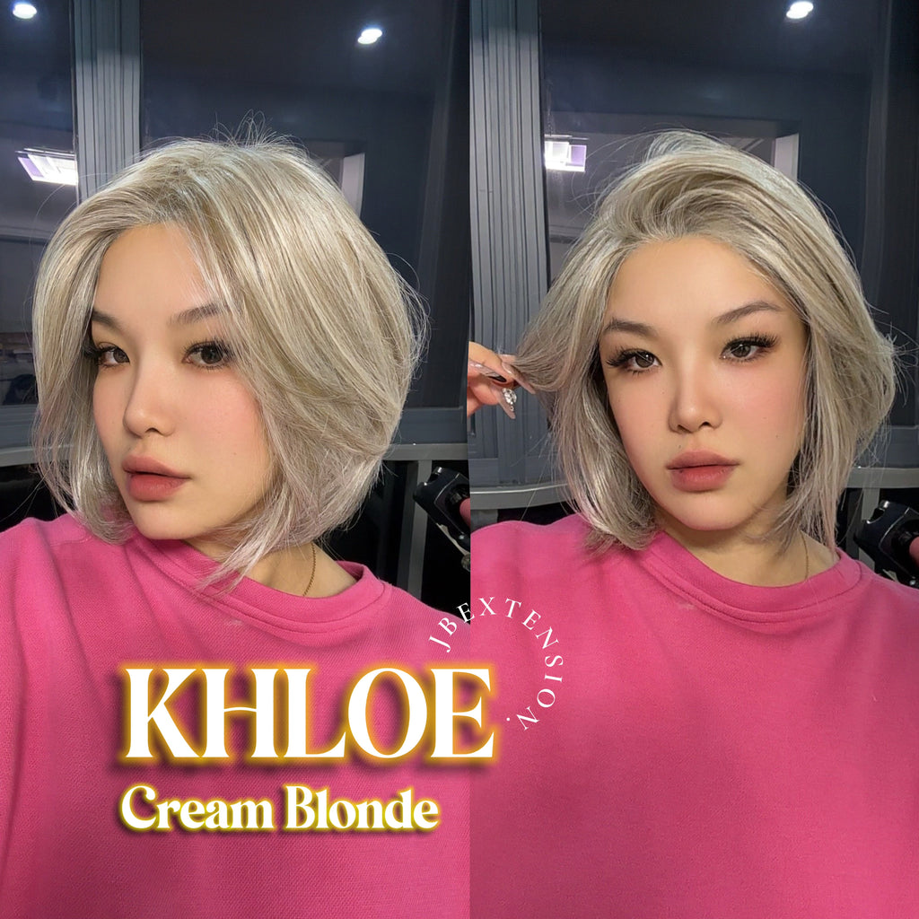 HOT OF SEASON - 12 Inches Bob Cut Cream Blonde Pre-Cut Snowflake Lace Frontlace Glueless Wig KHLOE CREAM BLONDE【PERMATEASE】【BENDY EAR TABS】- S/M