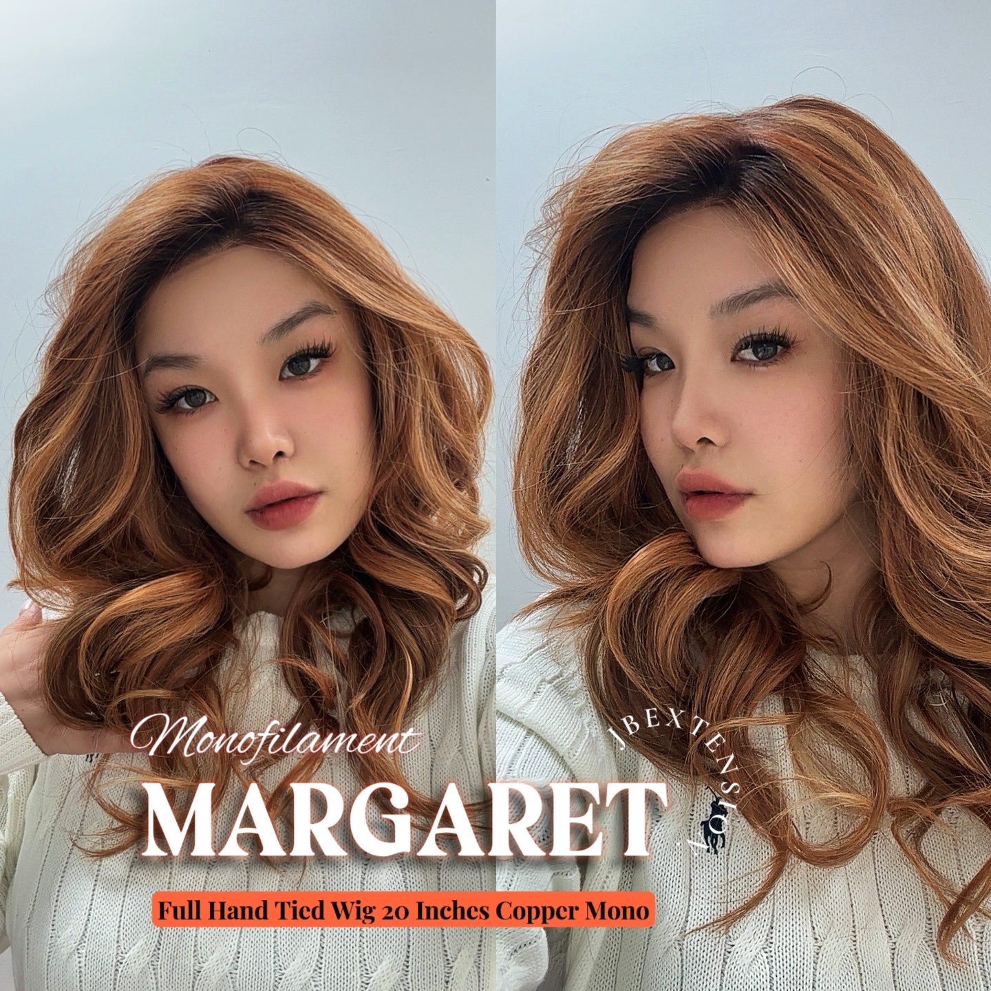 JBEXTENSION MARGARET MONO Monofilament Handmade Wig 6X5 Full Monofilament Hand Tied Top Wig 20 Inches Light Copper Mono Lace Handmade Futura Fiber Wig With Anti-slip Silicone Strips Glueless Wig MARGARET MONO【BENDY EAR TABS】