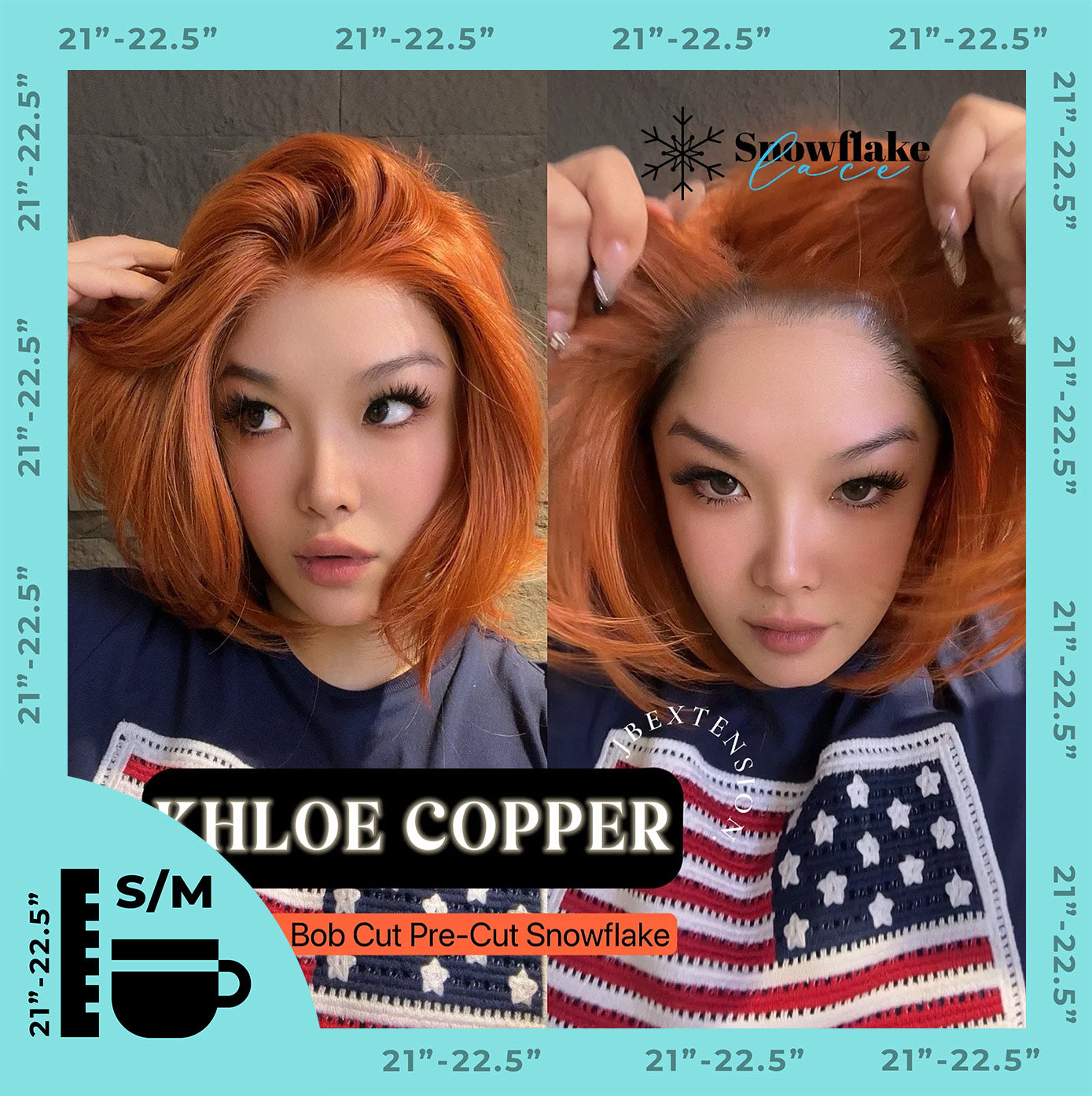 HOT OF SEASON - 12 Inches Bob Cut Copper Pre-Cut Snowflake Lace Frontlace Glueless Wig KHLOE COPPER【PERMATEASE】【BENDY EAR TABS】