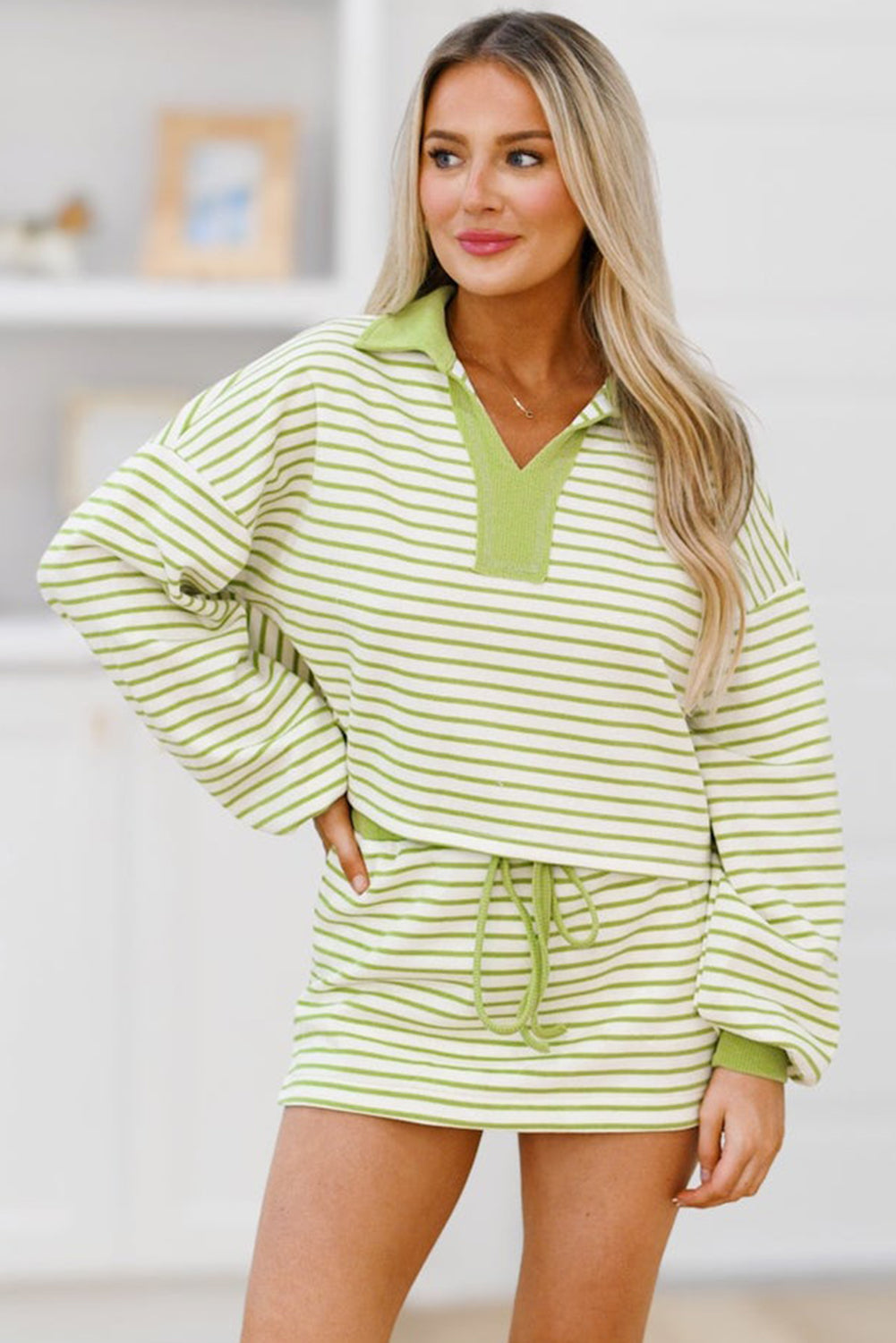 Green Striped Collared V Neck Drop Shoulder Pullover and Skirt Set