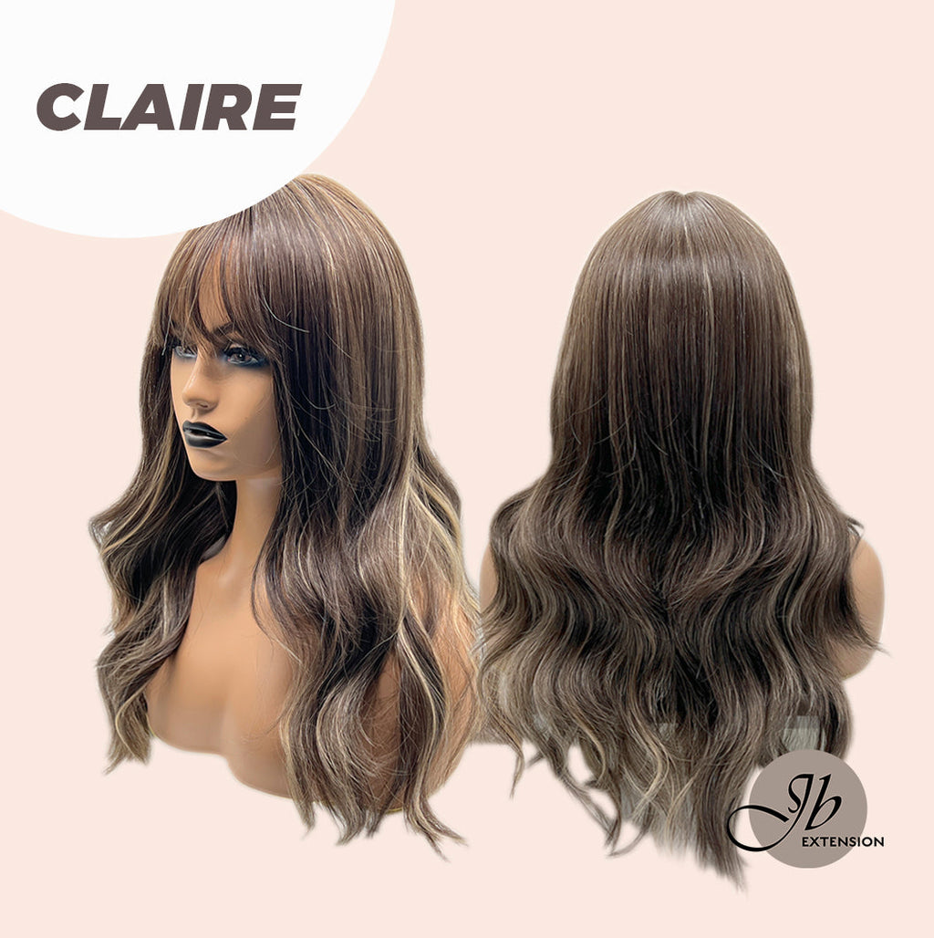 JBEXTENSION 22 Inches Brown With Highlight Women Wig With Bangs CLAIRE