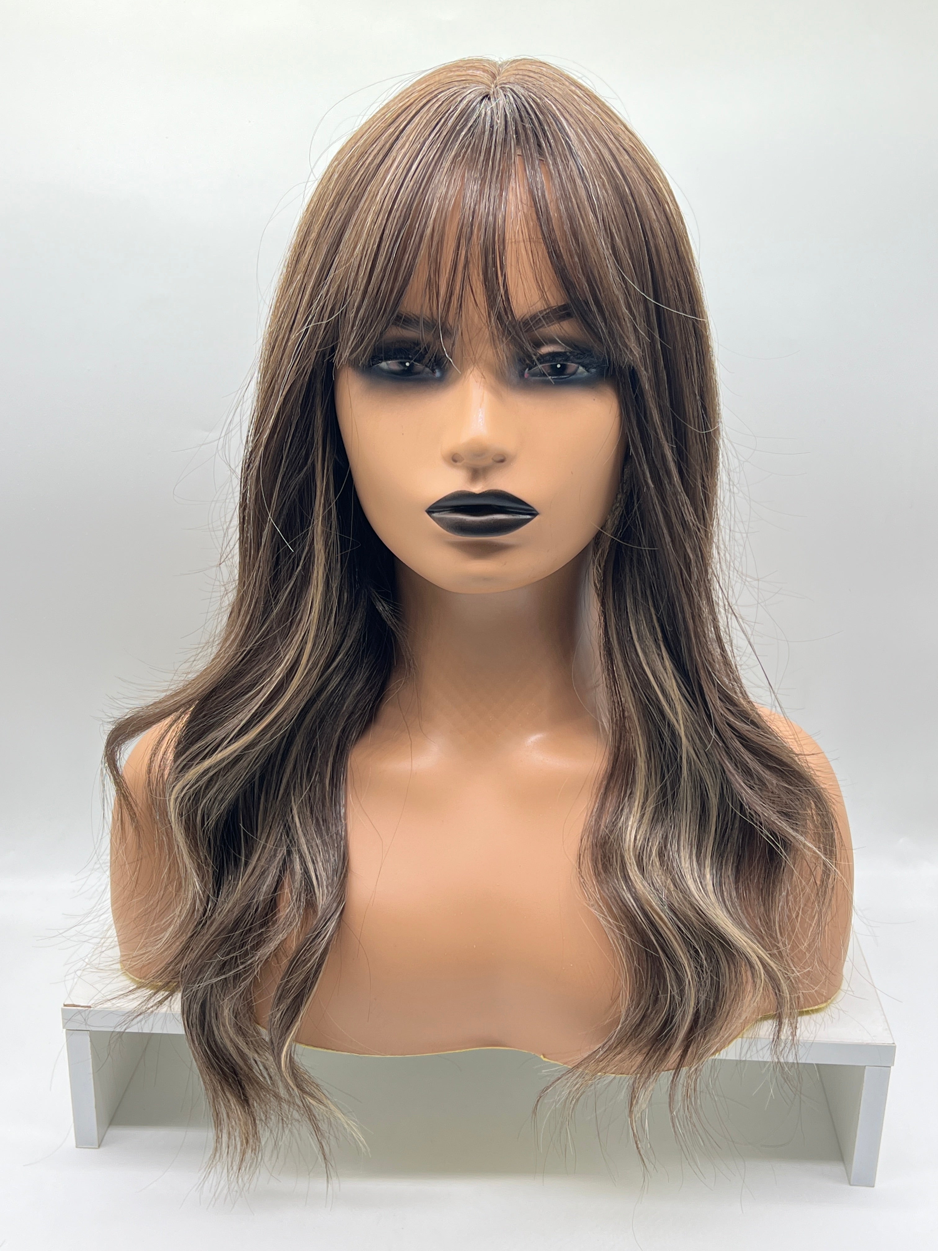 JBEXTENSION 22 Inches Brown With Highlight Women Wig With Bangs CLAIRE