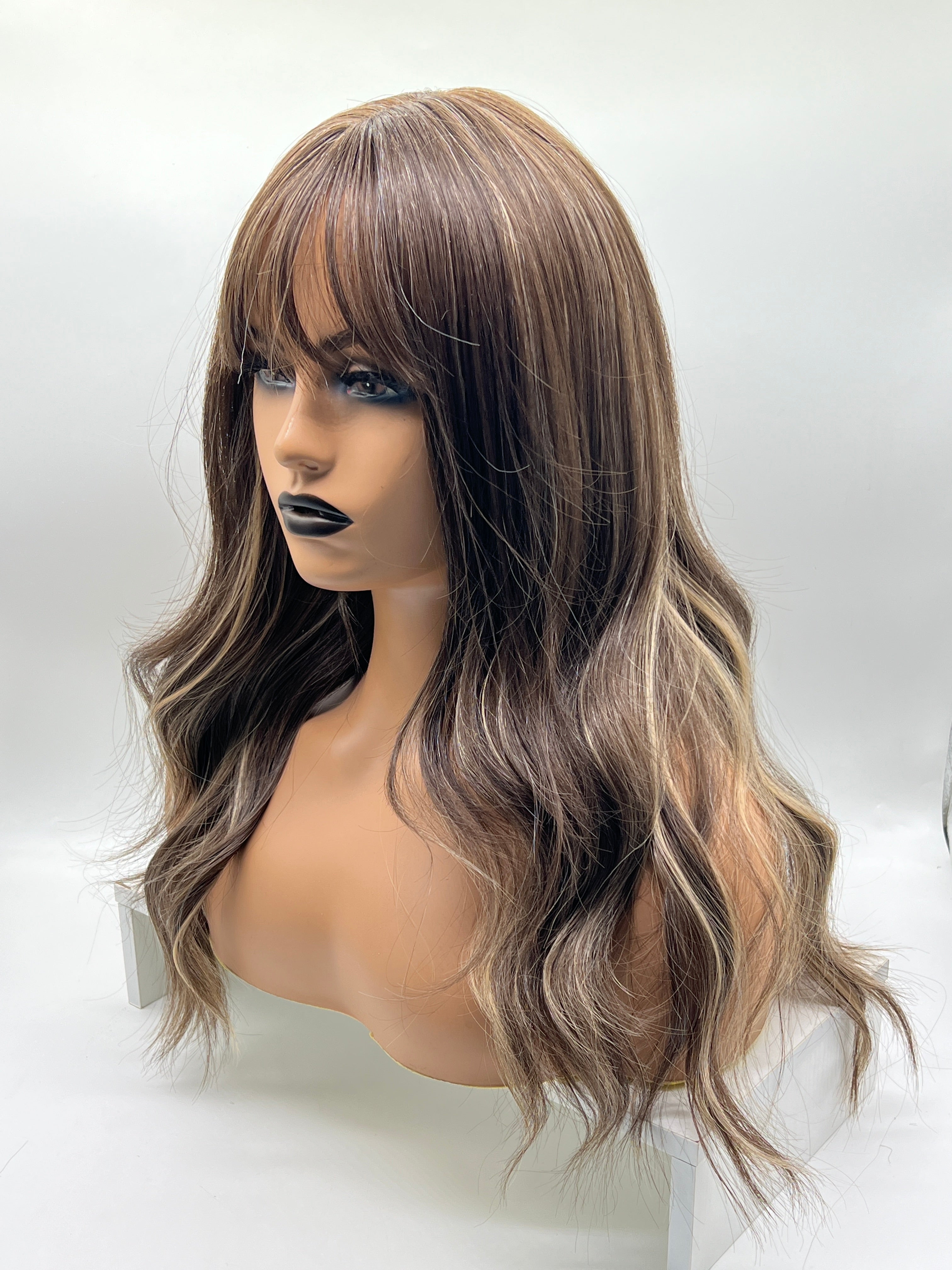 JBEXTENSION 22 Inches Brown With Highlight Women Wig With Bangs CLAIRE