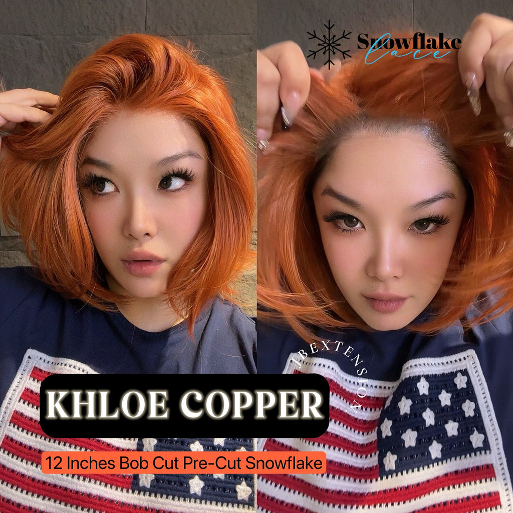 HOT OF SEASON - 12 Inches Bob Cut Copper Pre-Cut Snowflake Lace Frontlace Glueless Wig KHLOE COPPER【PERMATEASE】【BENDY EAR TABS】