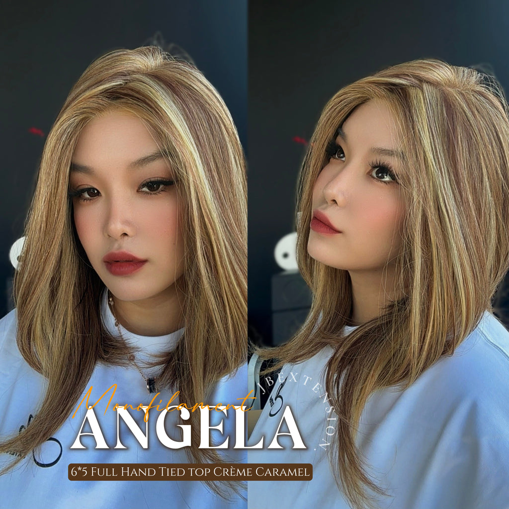 JBEXTENSION ANGELA MONO Monofilament Handmade Wig 6X5 Full Monofilament Hand Tied Top Wig 16 Inches Crème Caramel Mono Lace Wig With Anti-slip Silicone Strips Glueless Wig ANGELA MONO【BENDY EAR TABS】
