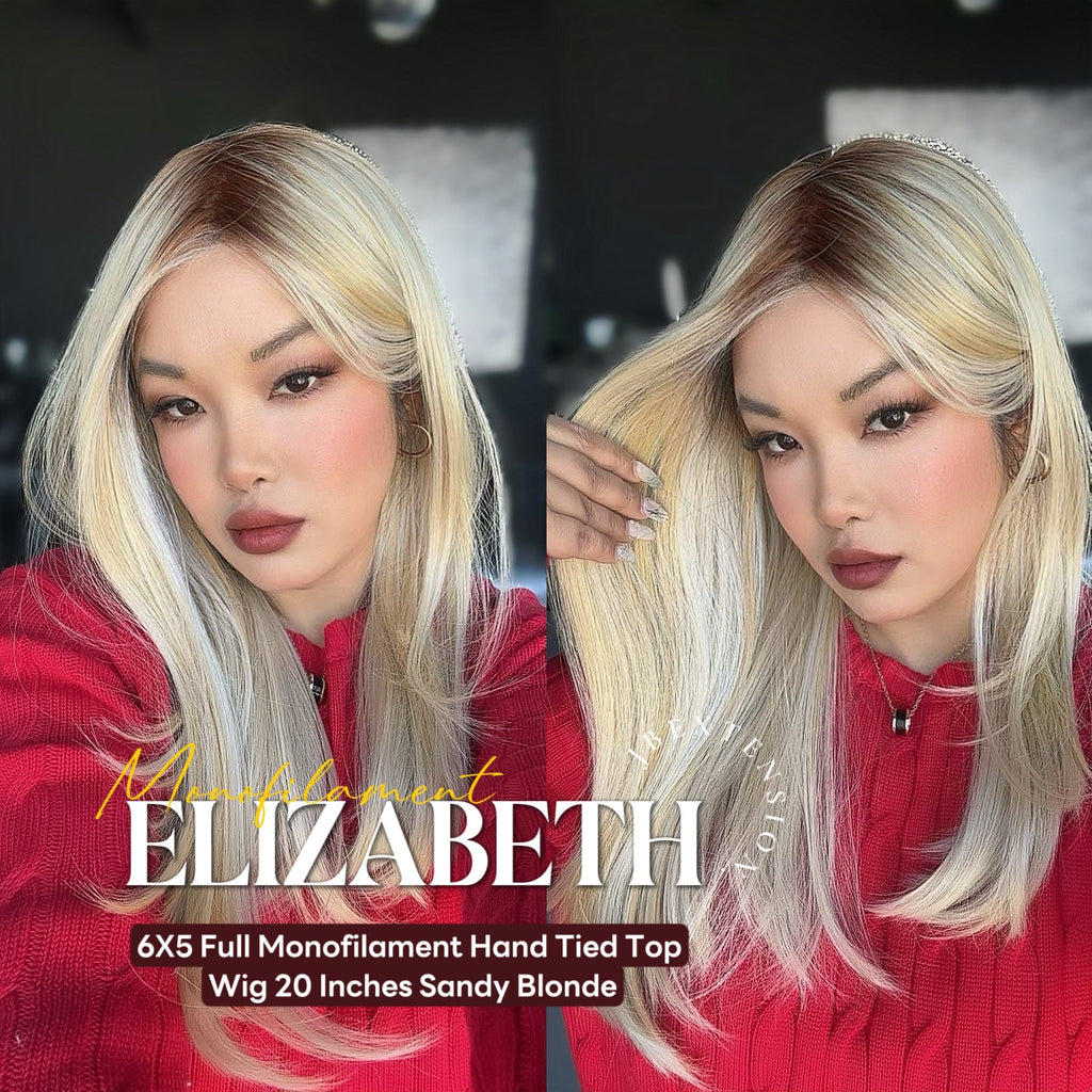 JBEXTENSION ELIZABETH MONO Monofilament Handmade Wig 6X5 Full Monofilament Hand Tied Top Wig 20 Inches Sandy Blonde Mono Lace Wig With Anti-slip Silicone Strips Glueless Wig ELIZABETH MONO【BENDY EAR TABS】