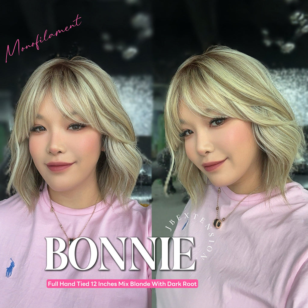 [PRE-ORDER] JBEXTENSION BONNIE MONO MIX BLONDE Full Monofilament Handmade Full Lace Full Hand Tied Wig 12 Inches Mix Blonde With Dark Root Mono Lace Handmade Futura Fiber Glueless Wig BONNIE MONO MIX BLONDE【BENDY EAR TABS】