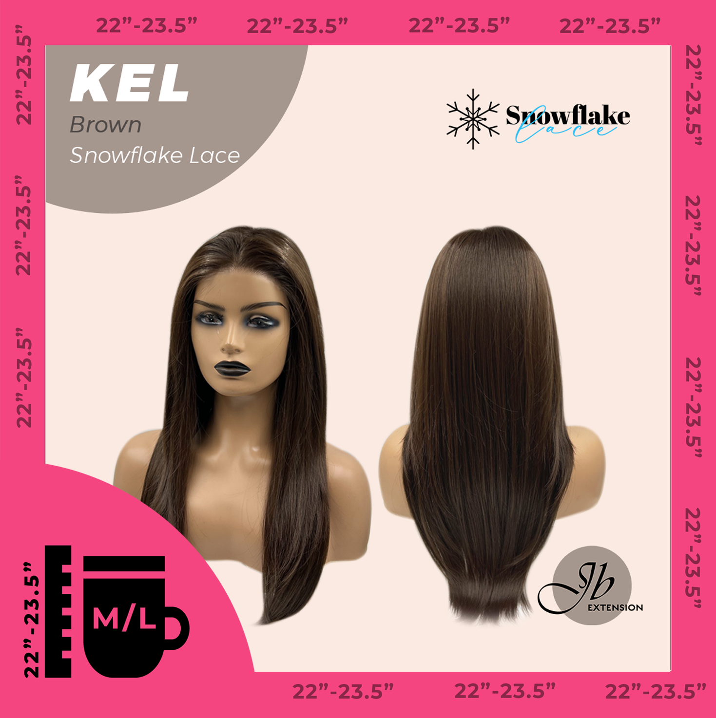 JBEXTENSION 22 Inches Brown Pre-Cut Snowflake Lace Frontlace Glueless Wig KEL BROWN【PERMATEASE】【BENDY EAR TABS】- M/L