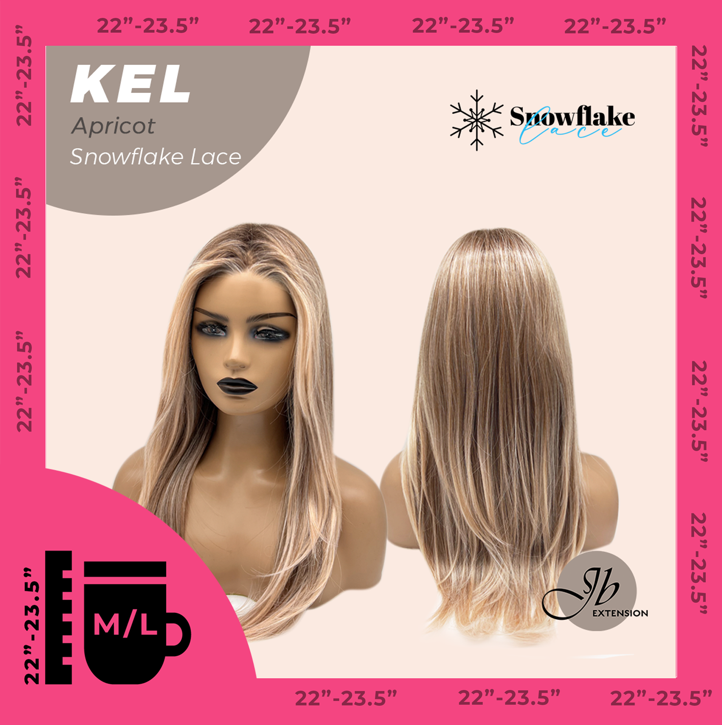 JBEXTENSION 22 Inches Apricot Pre-Cut Snowflake Lace Frontlace Glueless Wig KEL APRICOT【PERMATEASE】【BENDY EAR TABS】- M/L