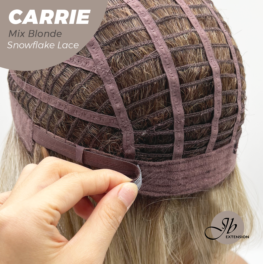 JBEXTENSION 11 Inches Short Hair Mix Blonde Pre-Cut T Part Snowflake Lace Frontlace Glueless Wig with Bangs CARRIE MIX BLONDE【BENDY EAR TABS】