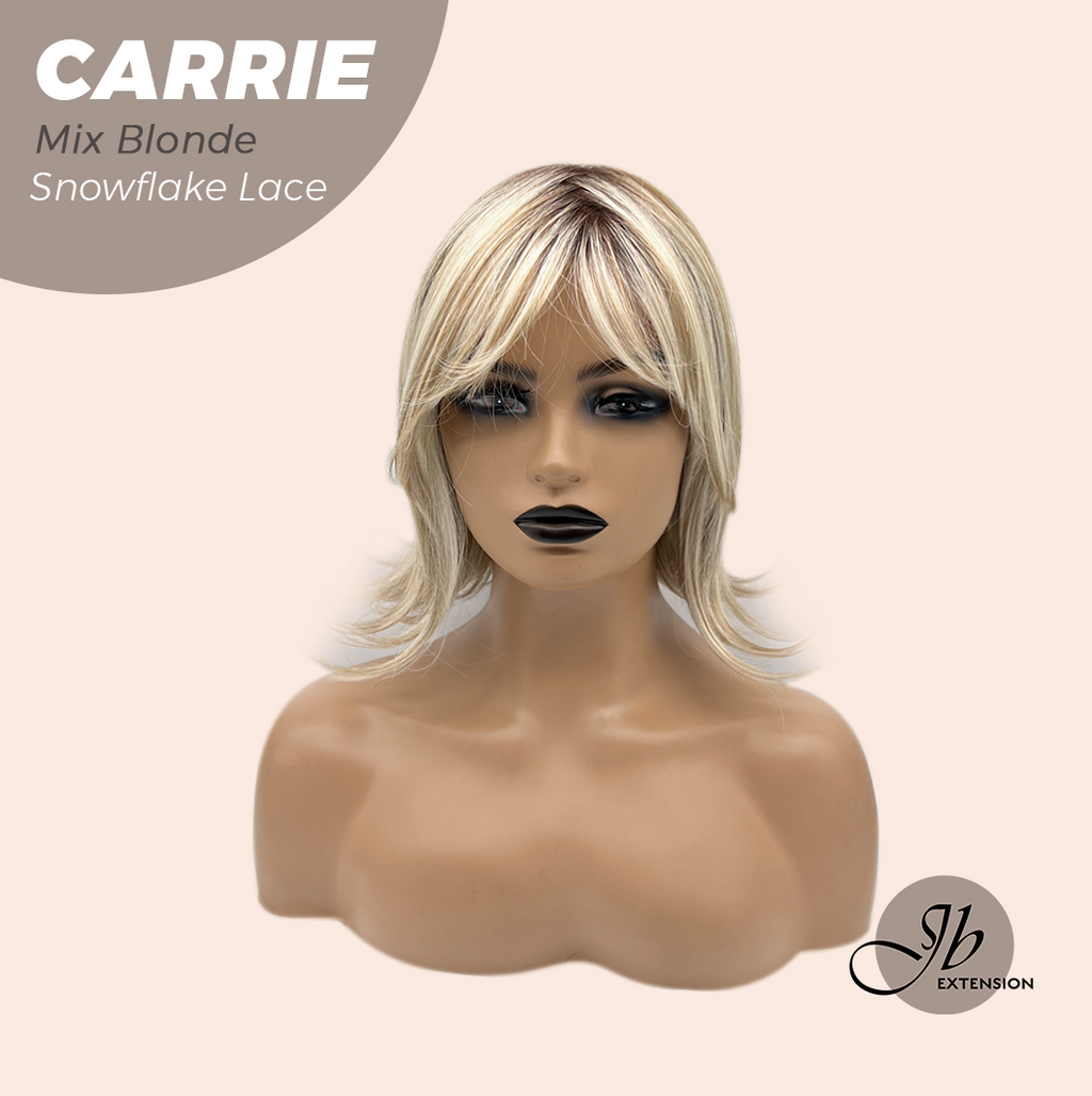 JBEXTENSION 11 Inches Short Hair Mix Blonde Pre-Cut T Part Snowflake Lace Frontlace Glueless Wig with Bangs CARRIE MIX BLONDE【BENDY EAR TABS】