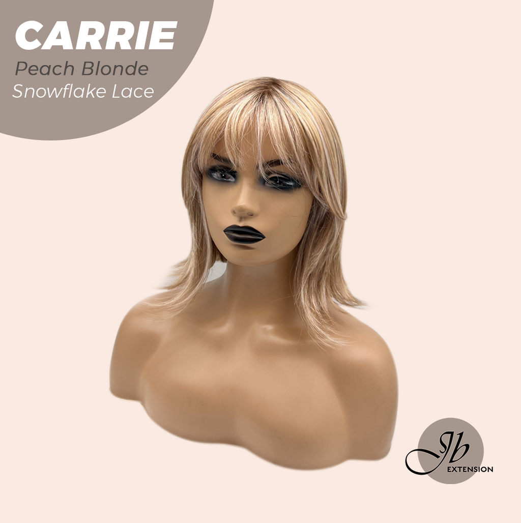 JBEXTENSION 11 Inches Short Hair Peach Blonde Pre-Cut T Part Snowflake Lace Frontlace Glueless Wig with Bangs CARRIE PEACH BLONDE【BENDY EAR TABS】