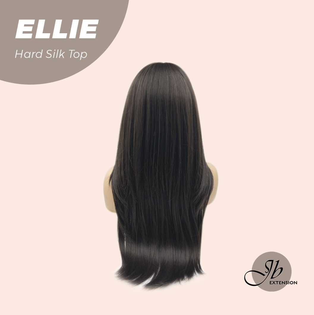 Nichole's Selection - 26 Inches Scalpiana Tea Black Darkest Brown Wolf Cut 3.5X4 Hard Silky Top Natural Scalp Effect Wig With Bangs ELLIE SILK TOP