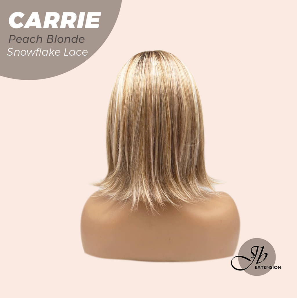 JBEXTENSION 11 Inches Short Hair Peach Blonde Pre-Cut T Part Snowflake Lace Frontlace Glueless Wig with Bangs CARRIE PEACH BLONDE【BENDY EAR TABS】
