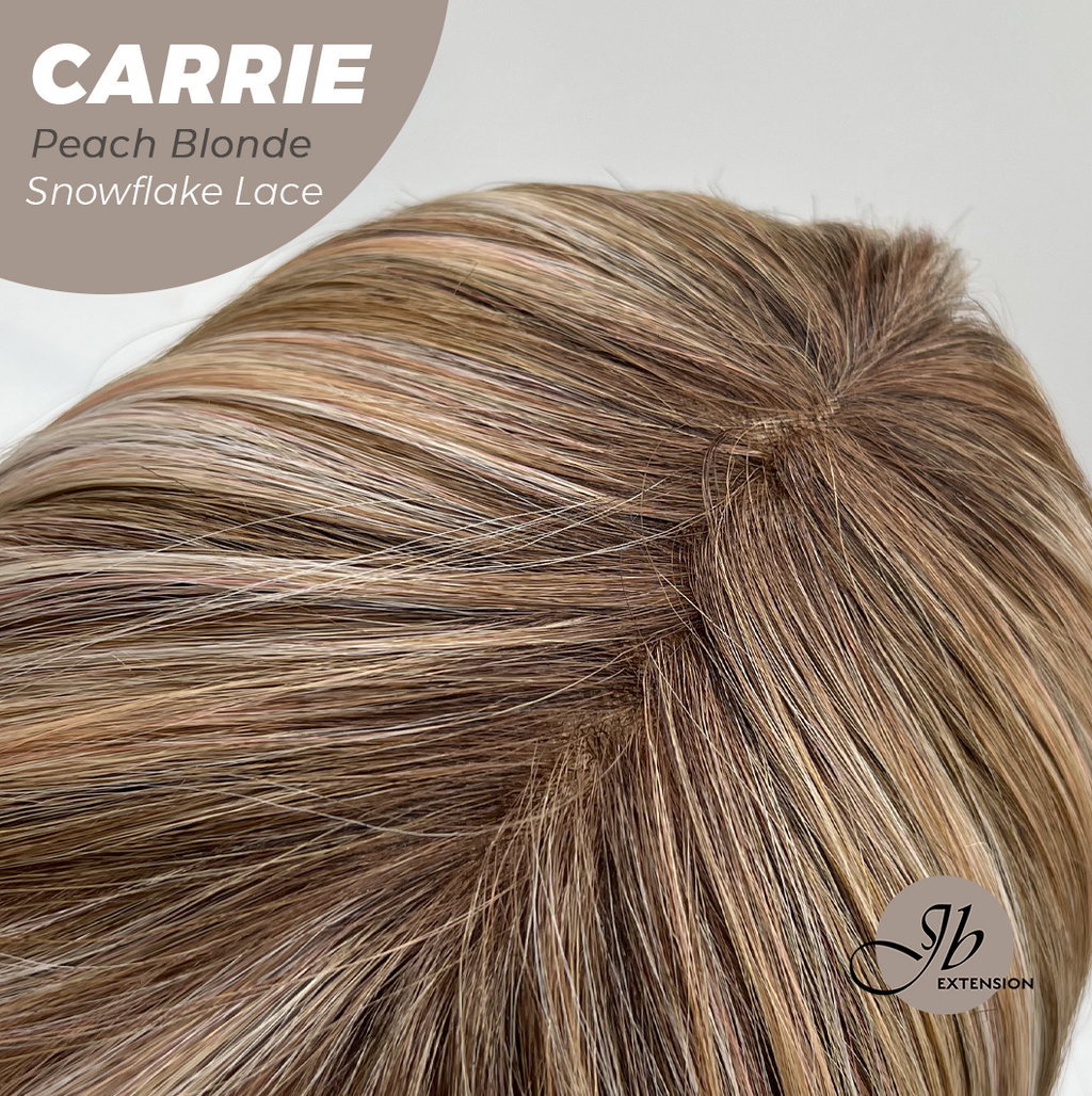 JBEXTENSION 11 Inches Short Hair Peach Blonde Pre-Cut T Part Snowflake Lace Frontlace Glueless Wig with Bangs CARRIE PEACH BLONDE【BENDY EAR TABS】