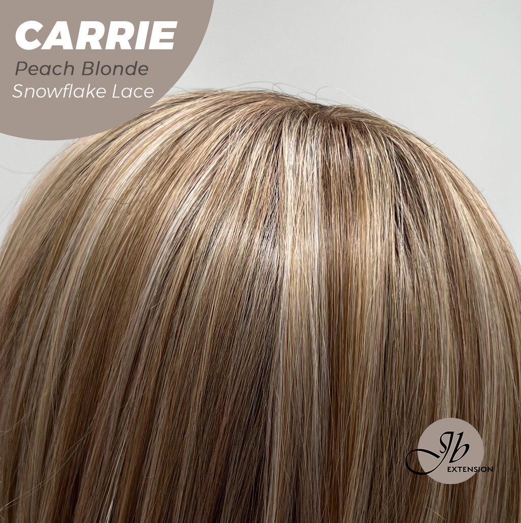 JBEXTENSION 11 Inches Short Hair Peach Blonde Pre-Cut T Part Snowflake Lace Frontlace Glueless Wig with Bangs CARRIE PEACH BLONDE【BENDY EAR TABS】