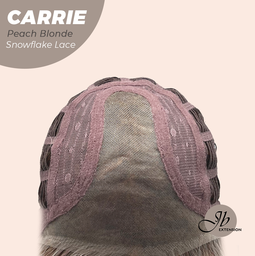 JBEXTENSION 11 Inches Short Hair Peach Blonde Pre-Cut T Part Snowflake Lace Frontlace Glueless Wig with Bangs CARRIE PEACH BLONDE【BENDY EAR TABS】