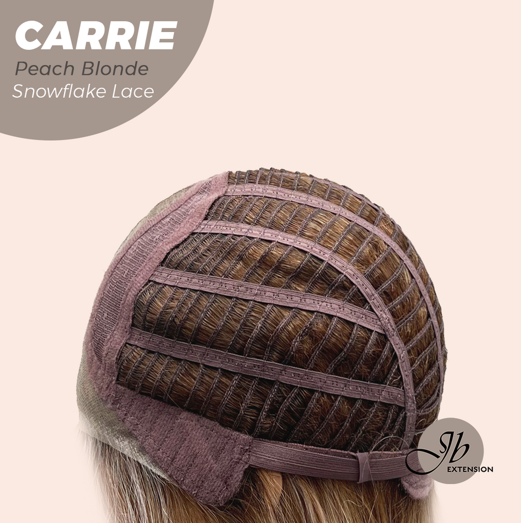 JBEXTENSION 11 Inches Short Hair Peach Blonde Pre-Cut T Part Snowflake Lace Frontlace Glueless Wig with Bangs CARRIE PEACH BLONDE【BENDY EAR TABS】