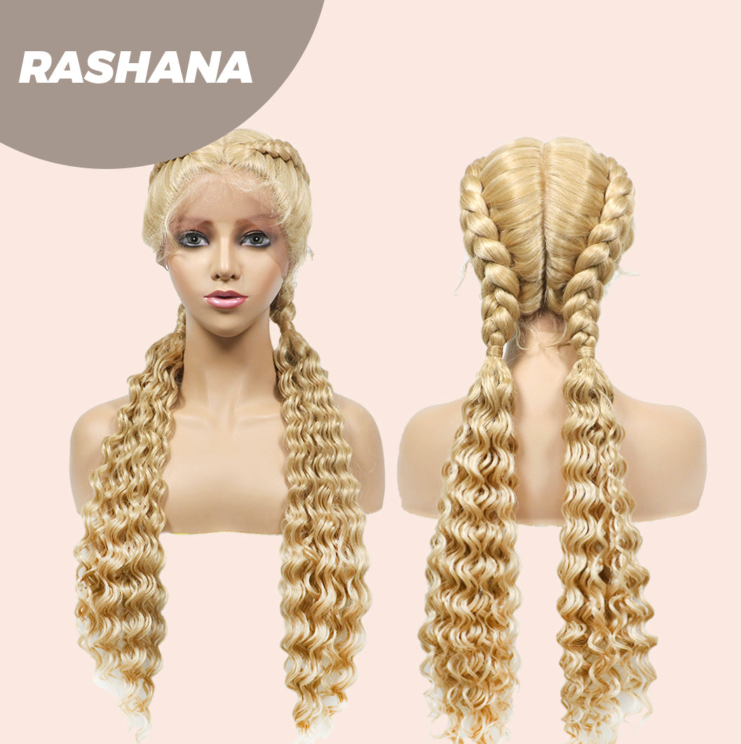 JBEXTENSION 35" Hand-Braided Synthetic Lace Front Box Braided Wigs with Baby Hair for Women D OUBLE Dutch Braids Black Lace Frontal Wigs for Women RASHANA