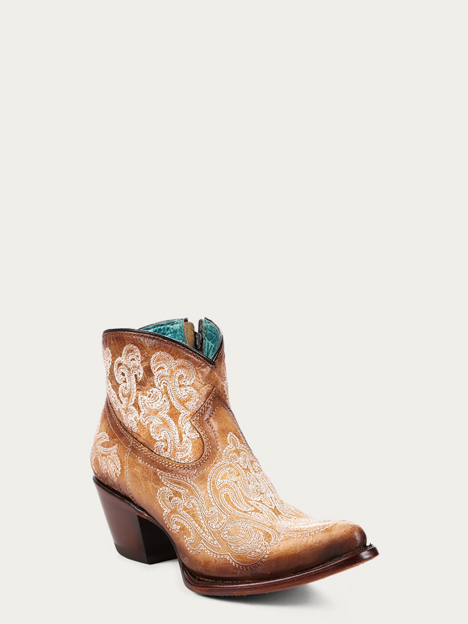 A4581 - WOMEN'S LUMINESCENT EMBROIDERY STRAW BLUE J-TOE ANKLE BOOT WITH ZIPPER