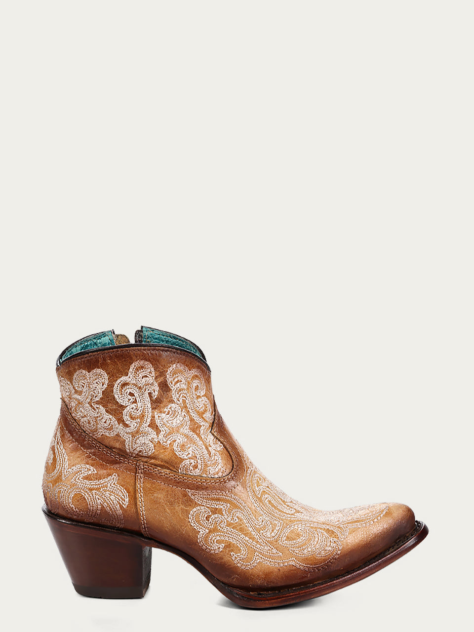 A4581 - WOMEN'S LUMINESCENT EMBROIDERY STRAW BLUE J-TOE ANKLE BOOT WITH ZIPPER