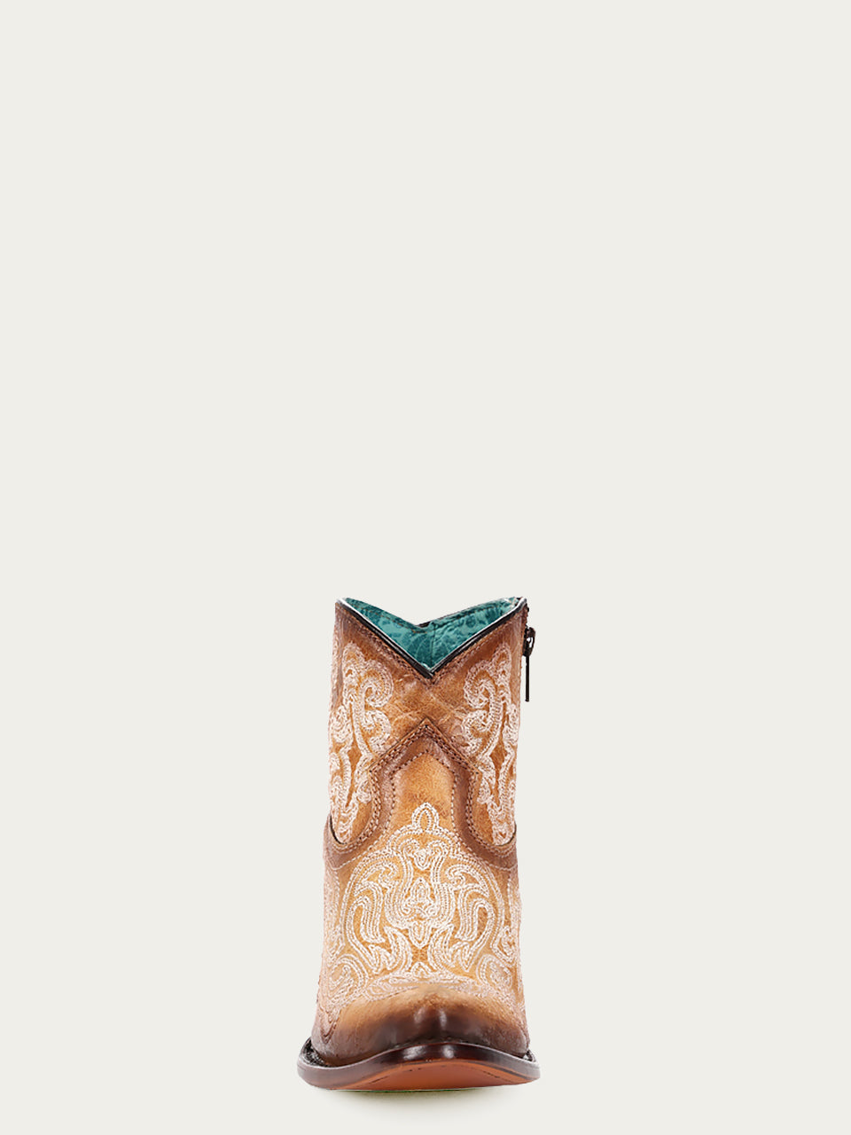 A4581 - WOMEN'S LUMINESCENT EMBROIDERY STRAW BLUE J-TOE ANKLE BOOT WITH ZIPPER