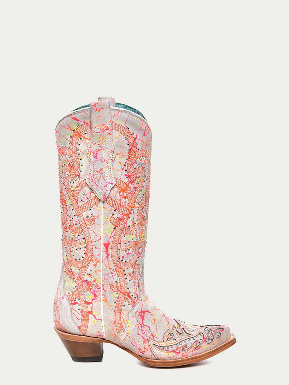 C3980 - WOMEN'S MULTICOLOR FLUORESCENT NEON ORANGE EMBROIDERY AND CRYSTALS WHITE SNIP TOE COWBOY BOOT