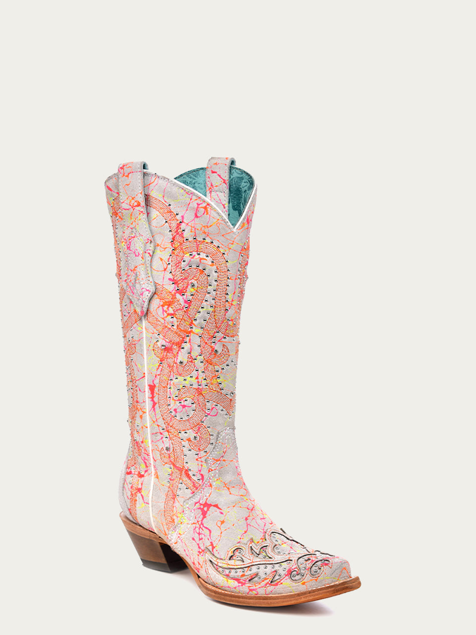 C3980 - WOMEN'S MULTICOLOR FLUORESCENT NEON ORANGE EMBROIDERY AND CRYSTALS WHITE SNIP TOE COWBOY BOOT