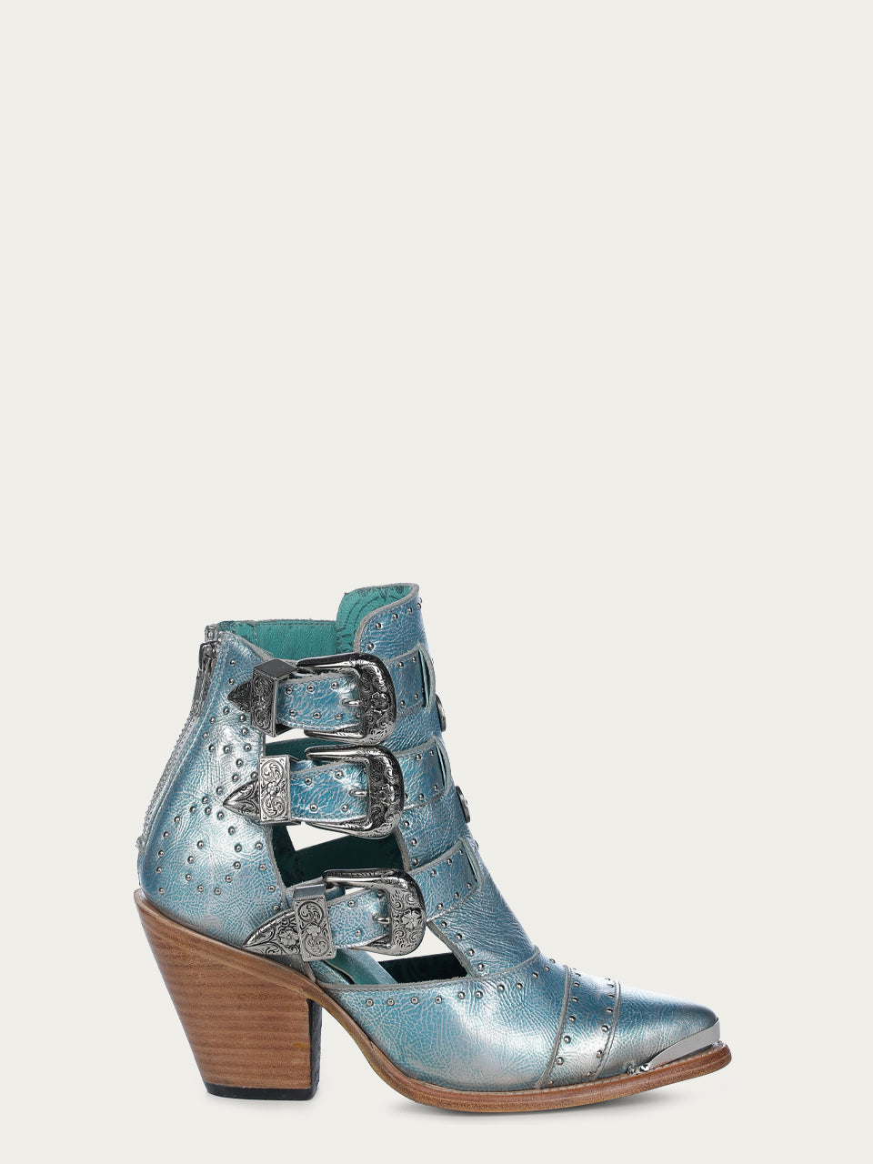 Z2028 - WOMEN'S SKY-BLUE METALIZED STRAPS AND STUDS POINTED TOE SHOE