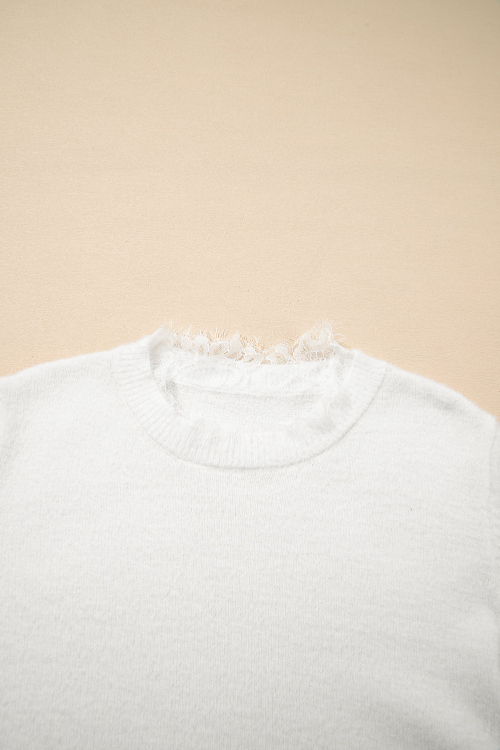 Beige Lace Sleeve Patchwork Faux Two-piece Fuzzy Sweater