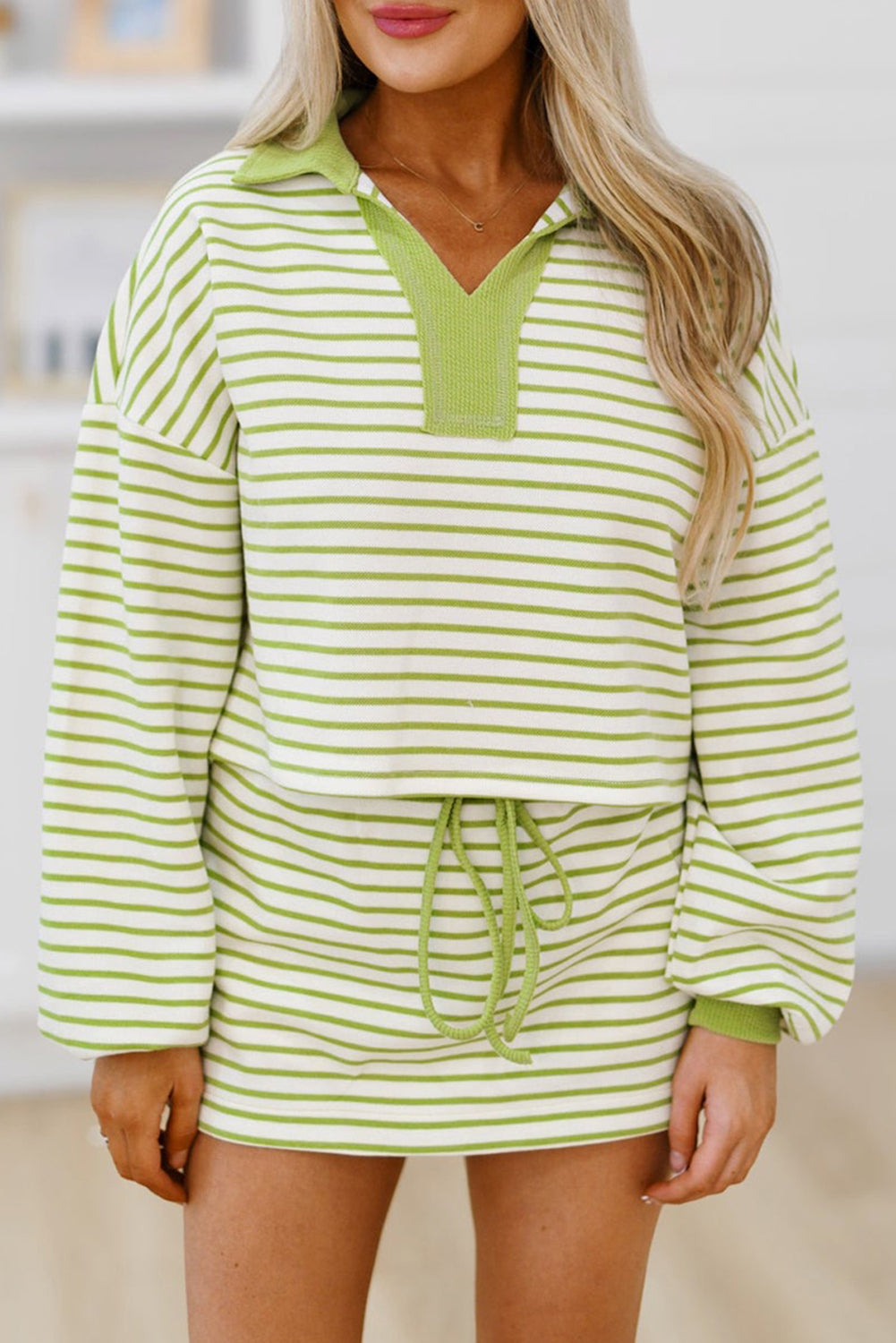 Green Striped Collared V Neck Drop Shoulder Pullover and Skirt Set
