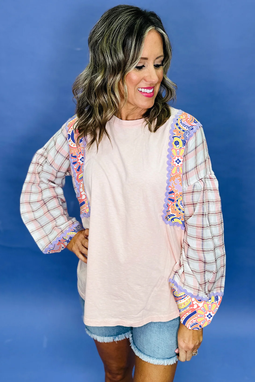 Delicacy Ricrac Trim Floral Plaid Patchwork Puff Sleeve Top