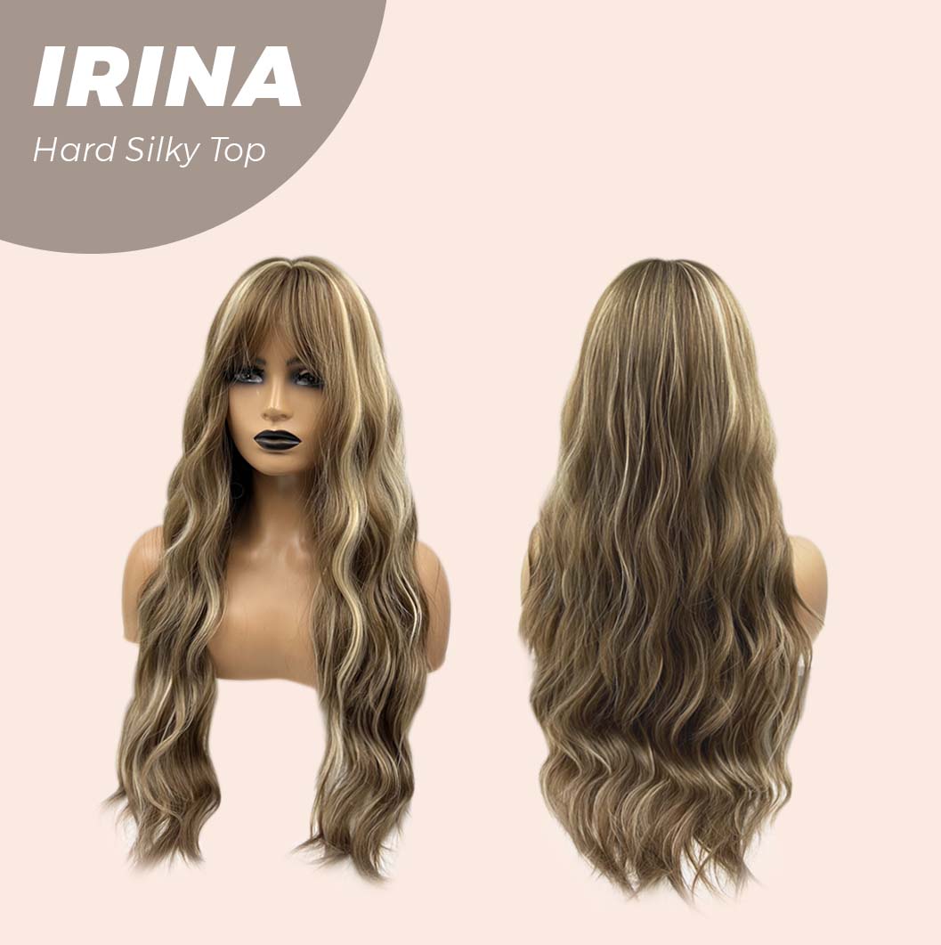 JBEXTENSION 28 Inches Scalpiana Brown With Blonde Highlight Wave 3.5X4 Hard Silky Top Natural Scalp Effect Wig IRINA