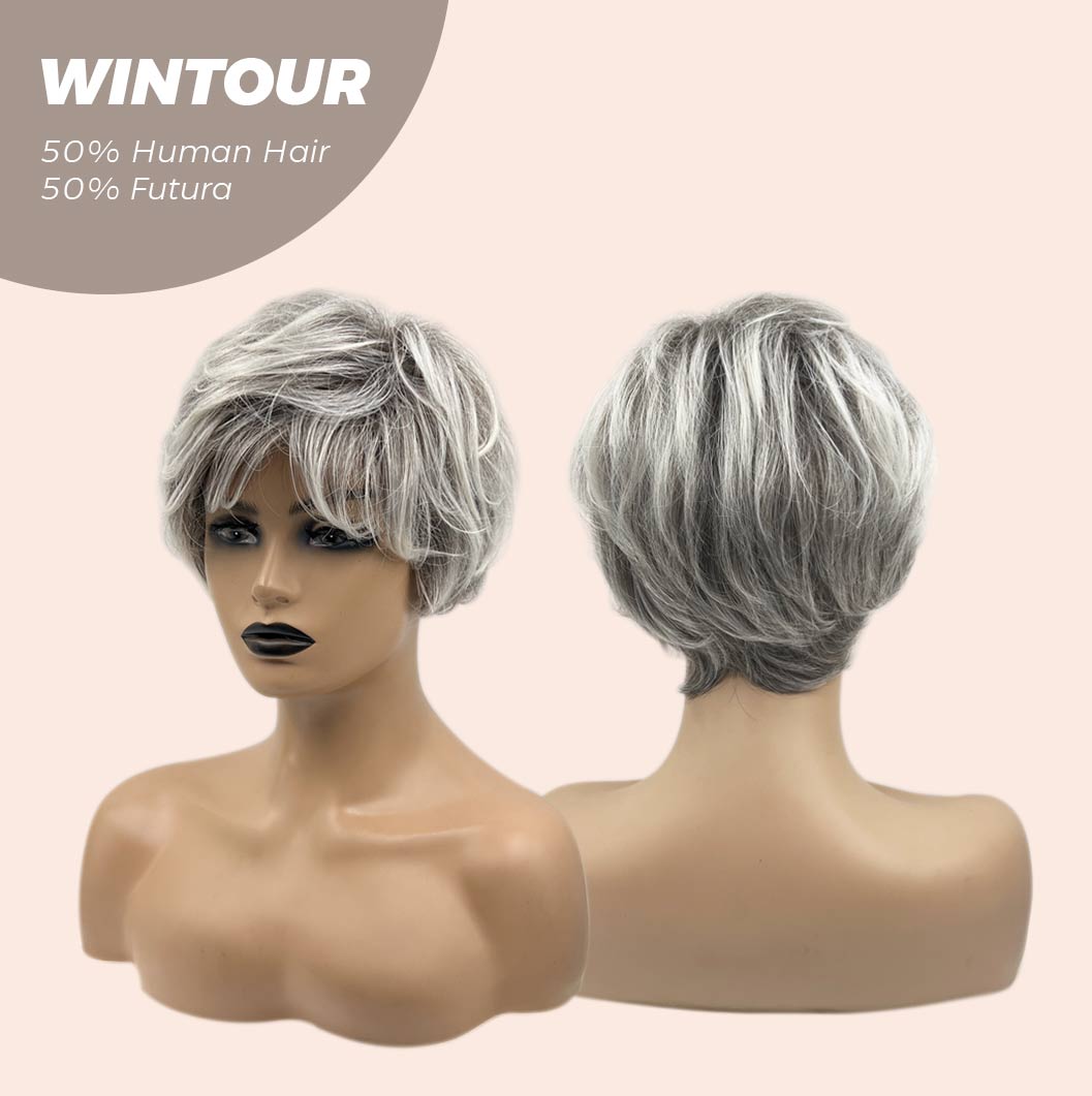 HOT OF SEASON -Pixie Cut Silver Half Real Human Hair Half Futura Fiber Fashion Women Wig WINTOUR