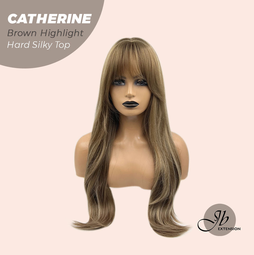 JBEXTENSION 25 Inches Scalpiana Brown With Highlight 3.5X4 Hard Silky Top Natural Scalp Effect Wig With Bangs CATHERINE BROWN HIGHLIGHT