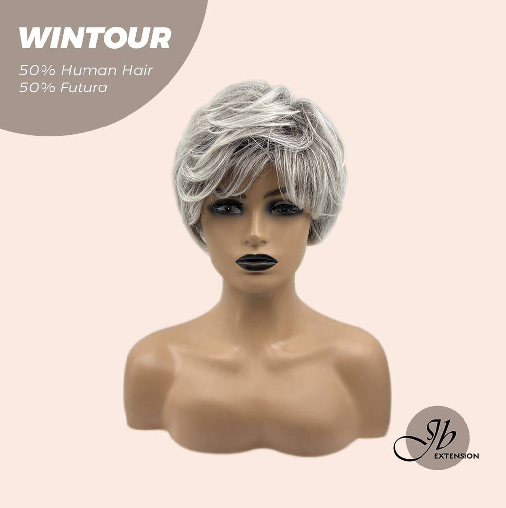 HOT OF SEASON -Pixie Cut Silver Half Real Human Hair Half Futura Fiber Fashion Women Wig WINTOUR