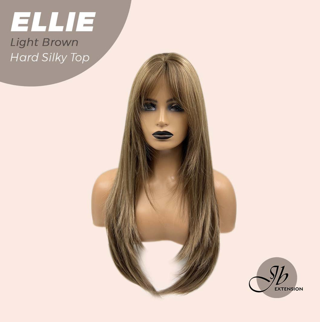 JBEXTENSION 26 Inches Scalpiana Light Brown Wolf Cut 3.5X4 Hard Silky Top Natural Scalp Effect Wig With Bangs ELLIE LIGHT BROWN Silk Top