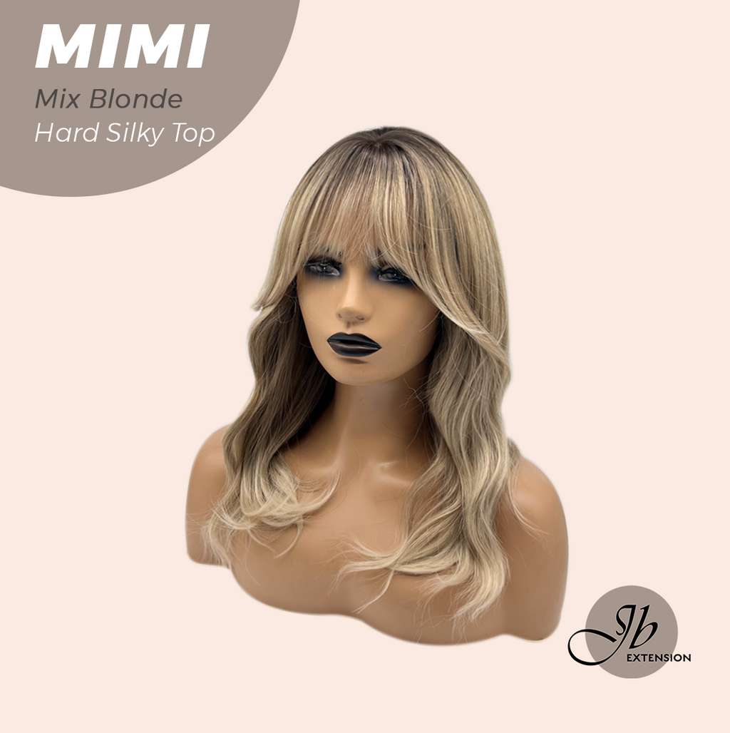 JBEXTENSION 16 Inches Scalpiana 3.5X4 Hard Silky Top Natural Scalp Effect Mix Blonde Body Wave Wig With Bangs Wig MIMI SILK TOP MIX BLONDE