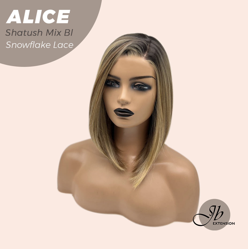 JBEXTENSION 12 Inches Shatush Mix Blonde Pre-Cut Side Part Snowflake Lace Frontlace Glueless Wig ALICE SHATUSH MIX BLONDE【BENDY EAR TABS】- M/L