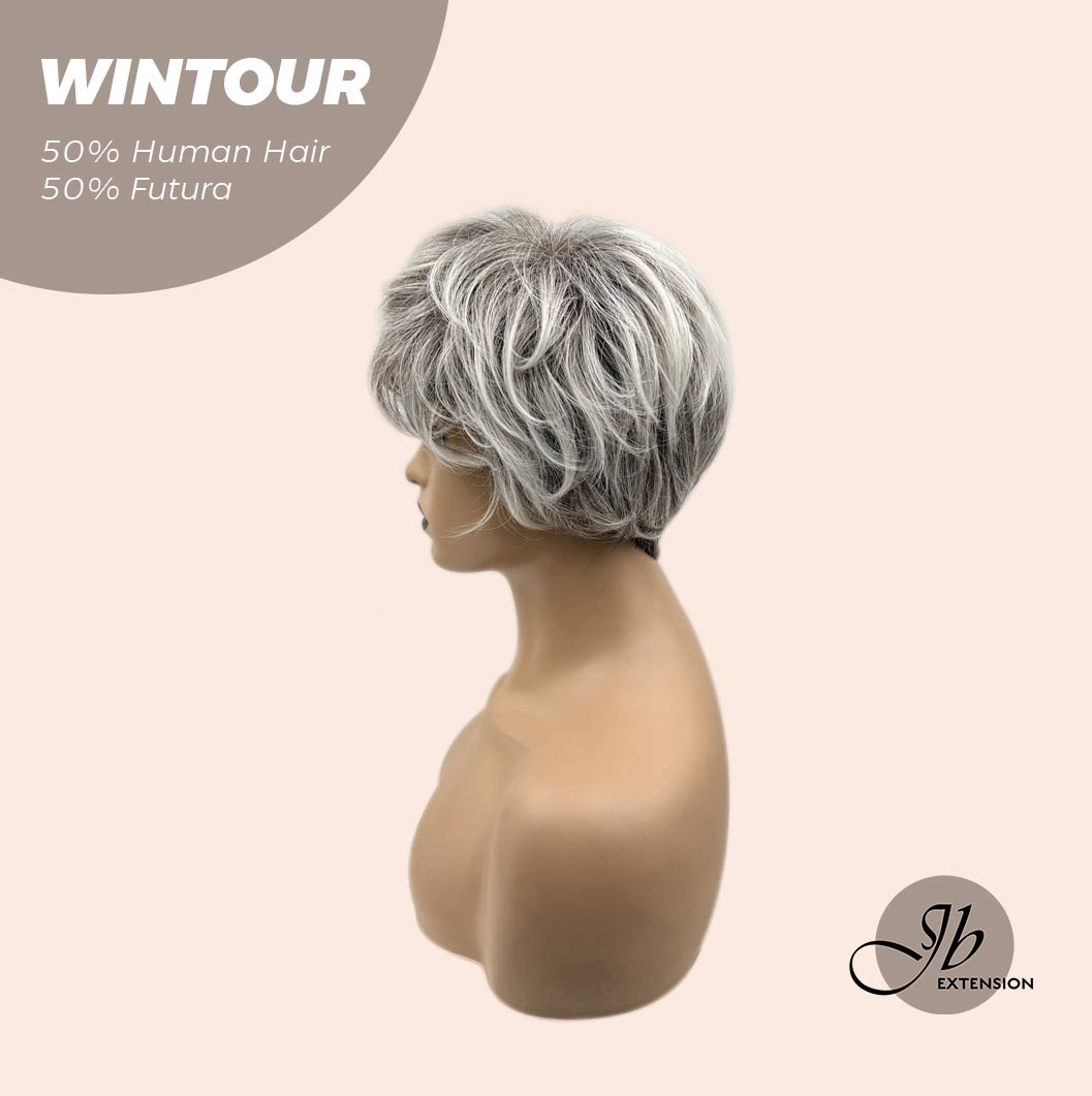 HOT OF SEASON -Pixie Cut Silver Half Real Human Hair Half Futura Fiber Fashion Women Wig WINTOUR