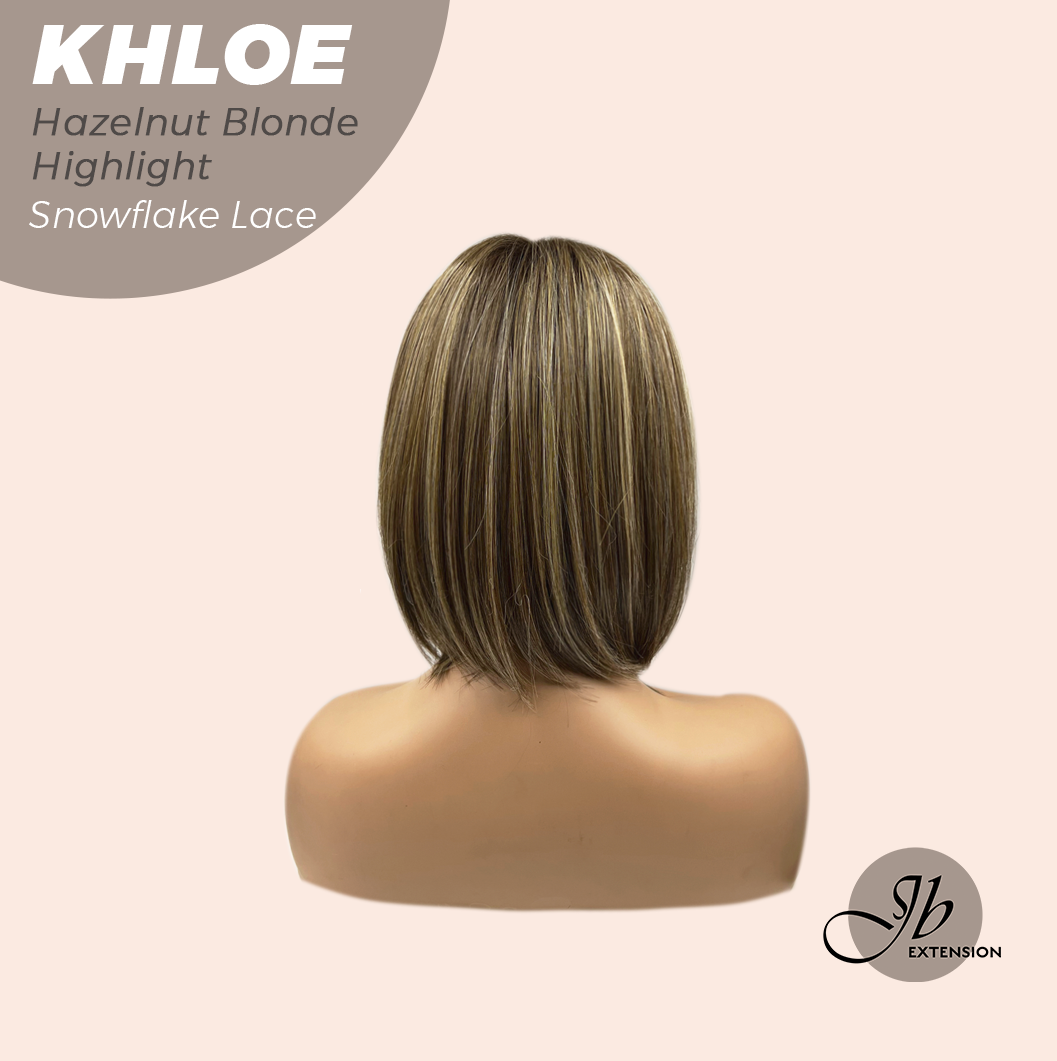 HOT OF SEASON - 12 Inches Bob Cut Hazelnut Blonde Highlight Pre-Cut Snowflake Lace Frontlace Glueless Wig KHLOE HAZELNUT【PERMATEASE】【BENDY EAR TABS】