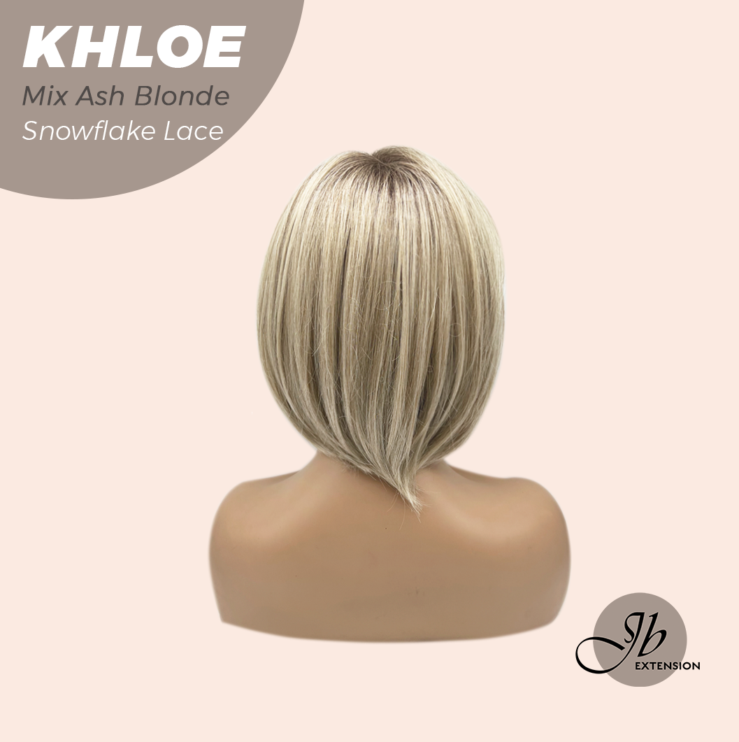 JBEXTENSION 12 Inches Bob Cut Mix Ash Blonde Pre-Cut Snowflake Lace Frontlace Glueless Wig KHLOE MIX ASH BLONDE【PERMATEASE】【BENDY EAR TABS】- M/L