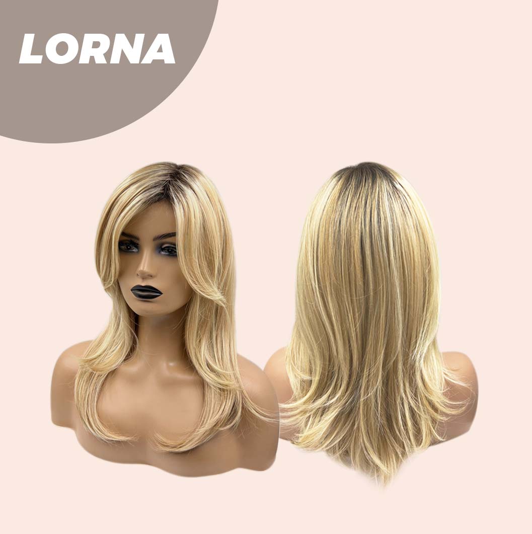 HOT OF SEASON - 18 Inches Blonde Curly Women Fashion Full Machine Wig With Bangs LORNA【PLUS PERMATEASE】【BENDY EAR TABS】